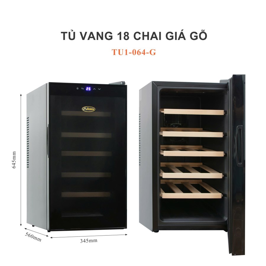 Tủ ướp rượu vang ADELA BCW-50A-W Chip 18 chai giá gỗ viền đen