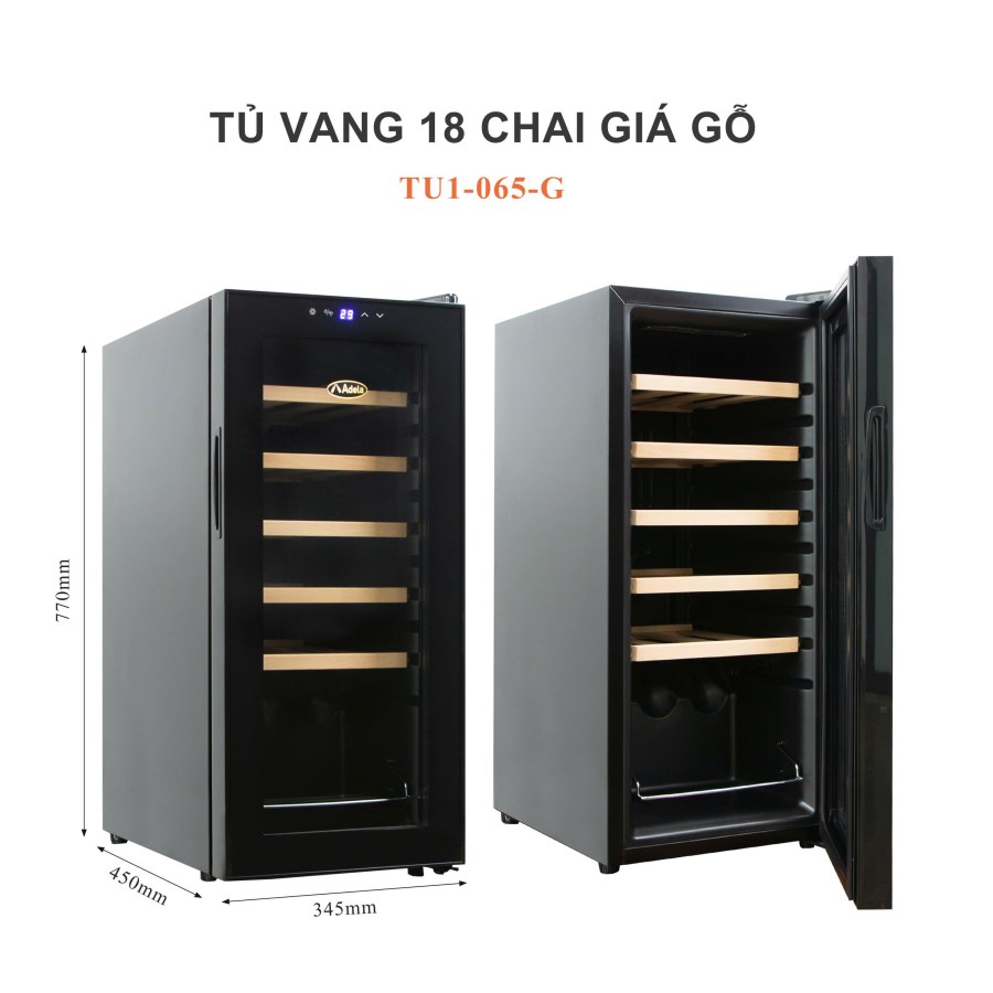 Tủ ướp rượu vang ADELA JC-53-W lock 18 chai nghiêng giá gỗ viền đen
