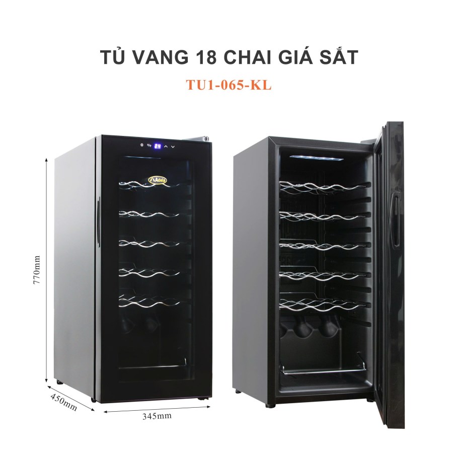 Tủ ướp rượu vang ADELA JC-53-M lock 18 chai nghiêng giá kim loại viền đen