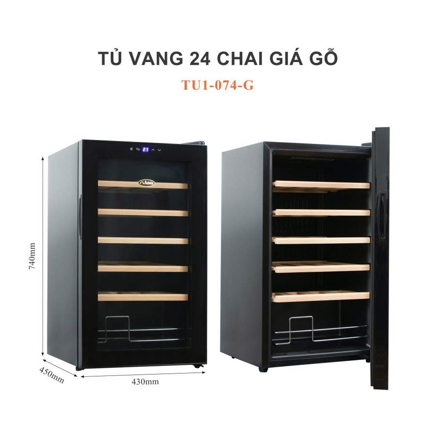 Tủ ướp rượu vang ADELA JC-70-W lock 24 chai giá gỗ viền đen