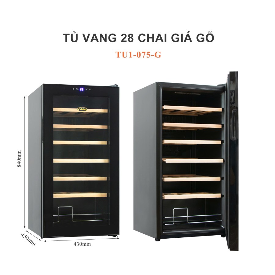Tủ ướp rượu vang ADELA JC-82-W lock 28 chai giá gỗ viền đen