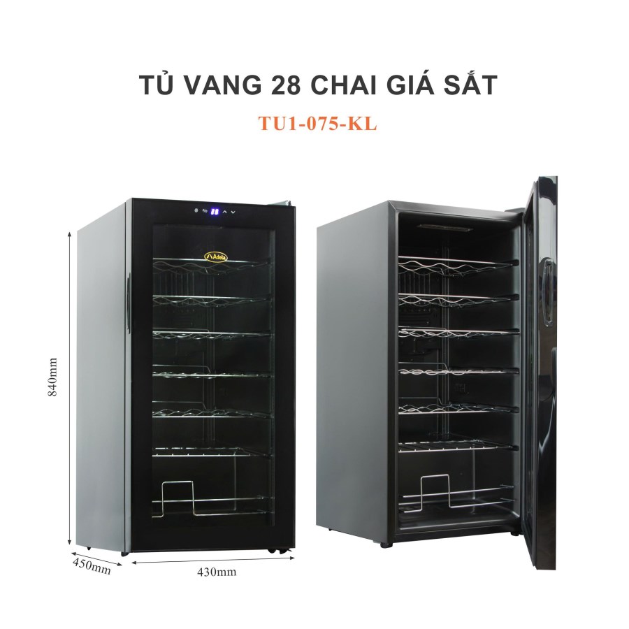 Tủ ướp rượu vang ADELA JC-82-M lock 28 chai giá kim loại viền đen
