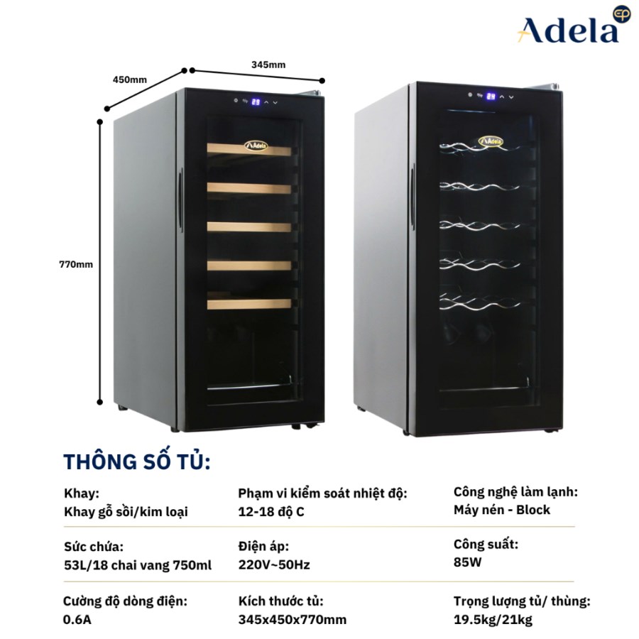 Tủ Rượu Vang Adela 18 Chai Máy Nén JC-53